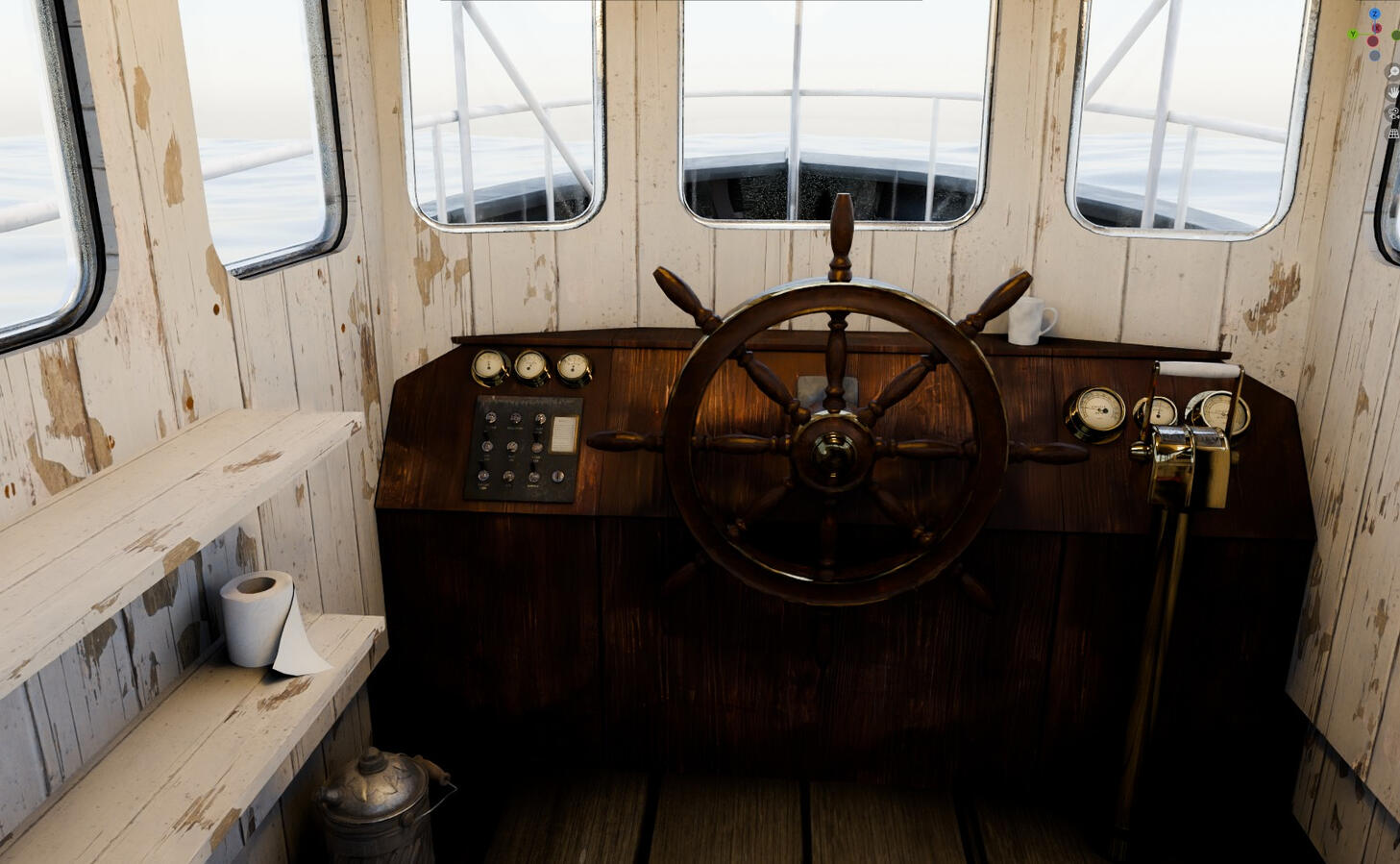 in the cabin featuring ship's wheel, engine control & various dials
