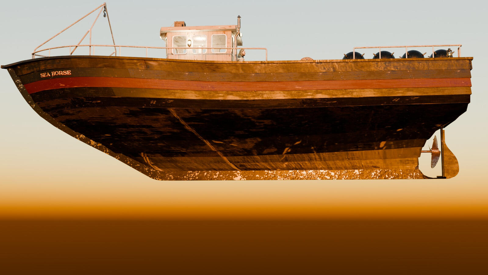 full ship side elevation, lit at dusk